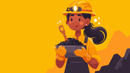 Female miner holding a bucket with coal. Vector illustration in cartoon styleのイラスト素材