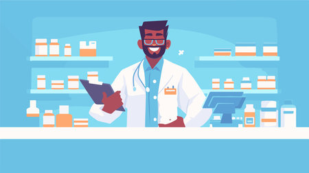 African american male pharmacist in the drugstore. Vector illustration in flat styleのイラスト素材