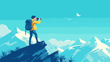 Tourist with backpack and binoculars standing on top of the mountain. Vector illustrationのイラスト素材