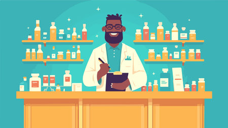 African american man pharmacist in the drugstore. Vector illustrationのイラスト素材