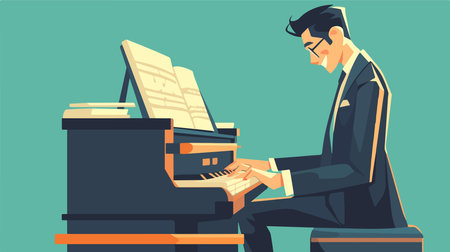 Pianist playing the piano, vector illustration in flat cartoon styleのイラスト素材