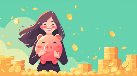 Happy young woman holding piggy bank with coins. Vector illustration.のイラスト素材