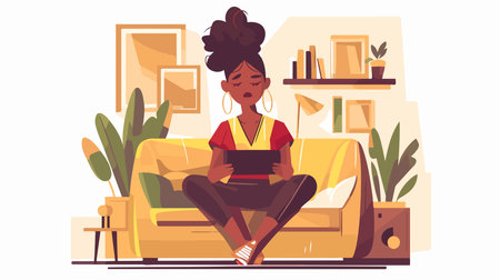 Young black woman sitting on the sofa and reading a book. Vector illustration in flat styleのイラスト素材