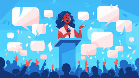 Flat vector illustration of a woman speaks into a microphone at a partyのイラスト素材