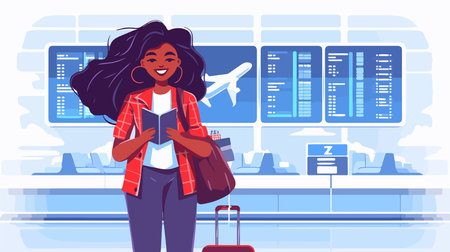 Young black woman in airport terminal. Female passenger using smartphone and checking flight information. Flat vector illustrationのイラスト素材
