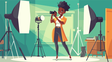Photographer woman in photo studio with professional equipment and equipment vector illustrationのイラスト素材