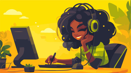 African american woman in headphones playing video games at home. Flat vector illustration.のイラスト素材