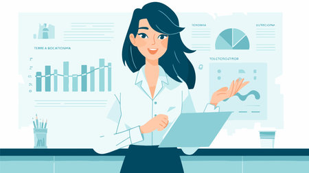 Business woman working in the office. Vector illustration in flat style.のイラスト素材