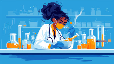 Scientist woman working in chemical laboratory, medical research and development vector illustrationのイラスト素材