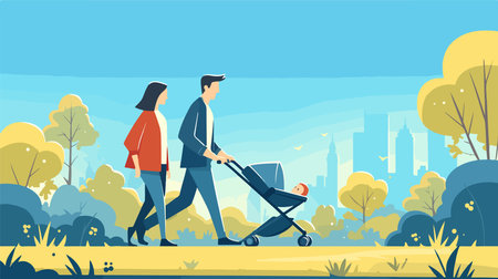 Mother and father walking with baby in stroller in city park. Vector illustrationのイラスト素材