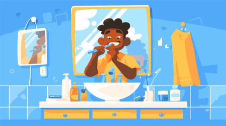 African American man brushing teeth in the bathroom. Vector illustration in cartoon styleのイラスト素材
