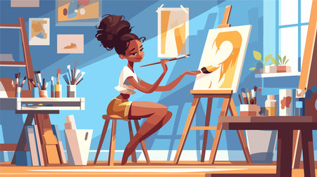 African american female artist painting picture on easel in art studio, cartoon vector illustrationのイラスト素材