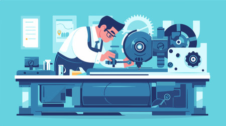 Vector illustration of a man working on a lathe in a factoryのイラスト素材
