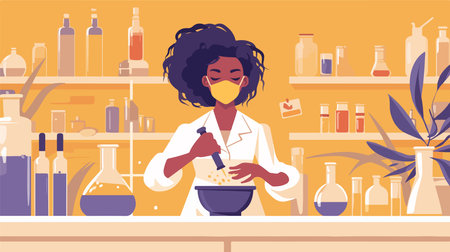 African american woman in medical mask making oatmeal in bowl in laboratory, flat vector illustration.のイラスト素材