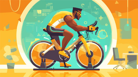 Cyclist man in sportswear riding bicycle in gym flat vector illustration.のイラスト素材