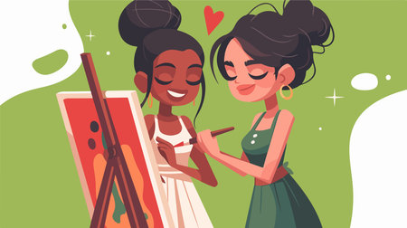 Two young women painting on canvas. Vector illustration in flat cartoon styleのイラスト素材