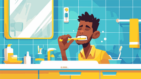 African american man brushing teeth in the bathroom. Vector flat cartoon illustrationのイラスト素材