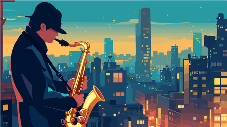 jazz musician playing saxophone in the city at sunset, vector illustrationのイラスト素材