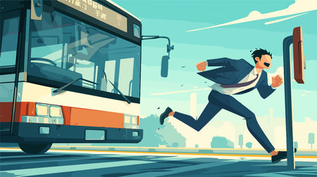Businessman running at bus stop. Vector illustration in flat cartoon styleのイラスト素材