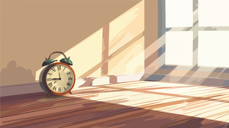 Alarm clock on the wooden floor in the room. Vector illustrationのイラスト素材