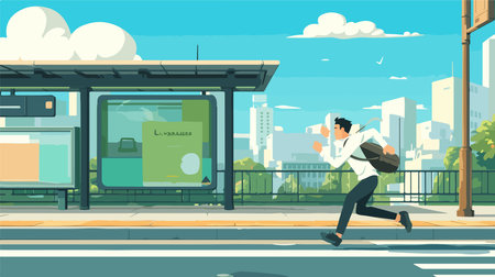 Vector illustration of a man running in the city. Man in a hurry to work.のイラスト素材