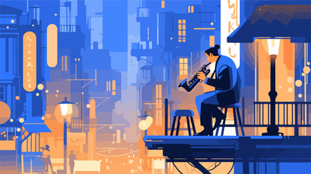 Street musician plays the clarinet in the city. Vector illustration.のイラスト素材