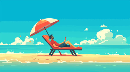 Man in deck chair on beach. Summer vacation concept. Vector illustrationのイラスト素材
