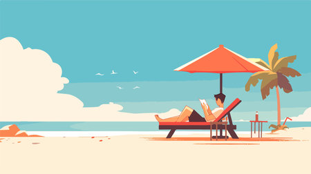 Vector illustration of a man reading a book on the beach. Flat style.のイラスト素材