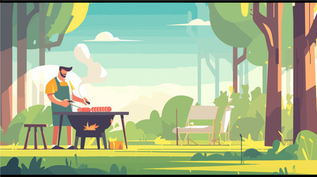 Man preparing barbecue in nature, flat vector illustration. Cartoon man cooking meat on barbecue grill in forest.のイラスト素材
