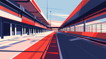 Railway station vector illustration. Railway station with red and blue skyのイラスト素材