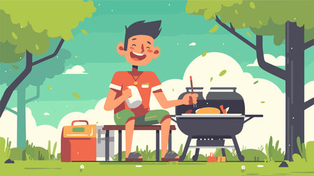 Boy cooking chicken on barbecue in park flat vector illustration. Smiling boy sitting on bench and cooking meat on grill in nature.のイラスト素材