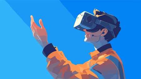 vector illustration of a man wearing virtual reality goggles and gesturing victoryのイラスト素材