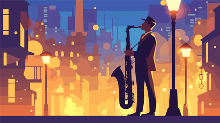 Jazz musician playing the saxophone in the city. Vector illustrationのイラスト素材