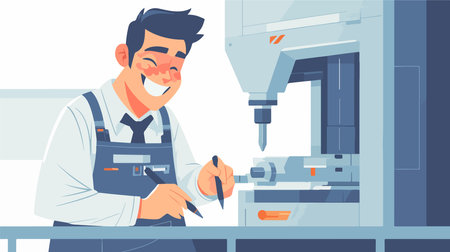 Man working on metal milling machine. Vector illustration in cartoon styleのイラスト素材