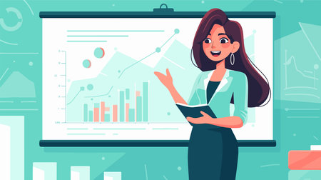 Businesswoman presenting business data on whiteboard. Vector illustration in flat styleのイラスト素材