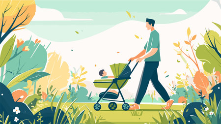 Father walking with baby in stroller in the park. Vector illustrationのイラスト素材