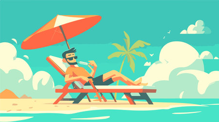 Beach vacation flat vector illustration. Man sunbathing on a deckchair on the beach.のイラスト素材