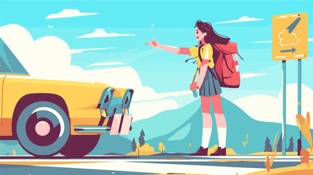 Young woman hitchhiking in the mountains. Vector illustration in flat styleのイラスト素材