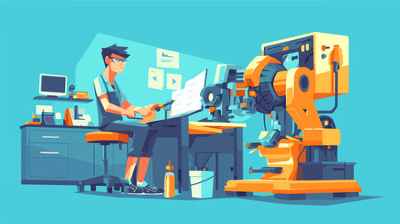 Engineer at work. Vector illustration in flat cartoon style. Engineer working with robot.のイラスト素材