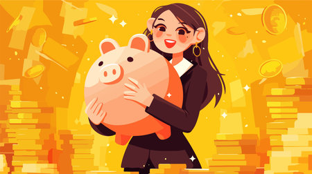 Girl holding a piggy bank. Vector illustration in cartoon style.のイラスト素材