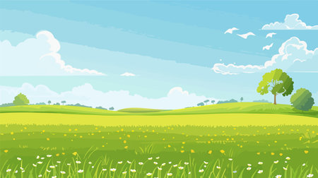 Summer landscape with green meadow and blue sky. Vector illustration.のイラスト素材