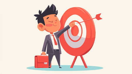 Successful businessman holding a briefcase and hitting the target. Vector cartoon illustration.のイラスト素材