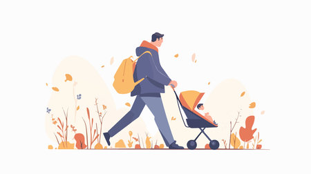Father walking with baby in stroller in autumn park. Happy family spending time together. Vector illustration in flat cartoon styleのイラスト素材