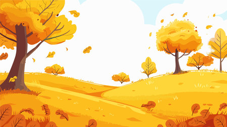 Autumn landscape with yellow trees and falling leaves. Vector illustration.のイラスト素材