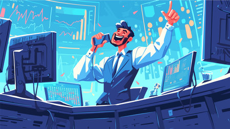 Vector cartoon flat graphic illustration of businessman celebrating victory in front of computer screens.のイラスト素材