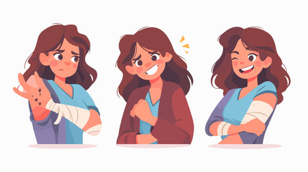 Set of cartoon vector illustrations of woman with broken arm in bandage.のイラスト素材