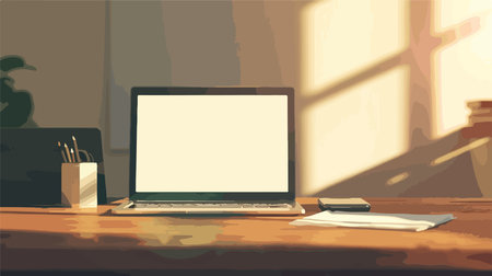 Laptop computer with blank screen on wooden desk in office. Vector illustrationのイラスト素材