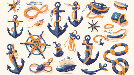 Nautical icons set with anchor, rope and lifebuoy isolated vector illustrationのイラスト素材
