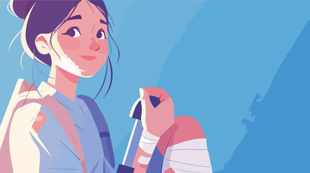 Young girl with backpack. Vector illustration in a flat cartoon style.のイラスト素材