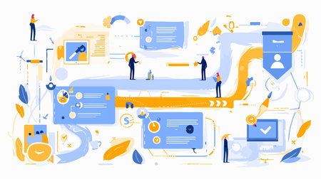 Vector illustration of a set of flat design icons and illustrations of business processes.のイラスト素材